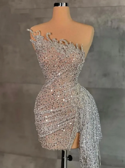 Custom Made Silver Beading Sequined Pleated Prom Dresses Cocktail Dresses