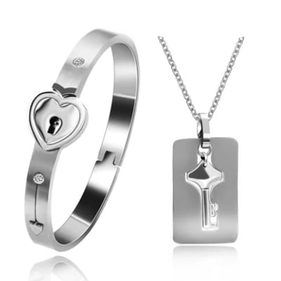 Uloveido stainless steel lock and key necklace & bracelet set | matching couples jewelry for men & women