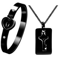 Uloveido Stainless Steel Lock and Key Necklace & Bracelet Set | Matching Couples Jewelry for Men & Women - Thumbnail 3