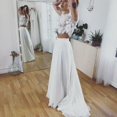 Two pieces lace bodice wedding dress, chiffon bridal dress wedding gown
