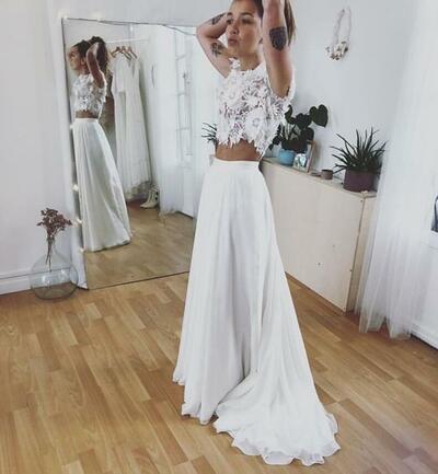 Two Pieces Lace Bodice Wedding Dress, Chiffon Bridal Dress Wedding Gown
