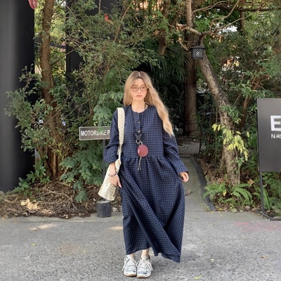 Large size long sleeve loose plaid dress
