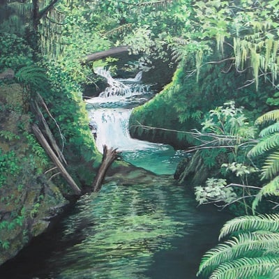 "quinault rain forest" acrylic painting on 16 x 20 inch stretched canvas. original artwork by n.e.thompson