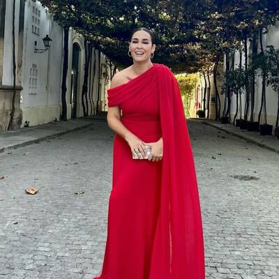 Elegant red one shoulder mother of bride/ groom dress with jacket evening formal dress prom dress