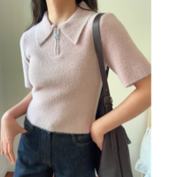 Fashion faux fur effect polo collar top - Thumbnail 1