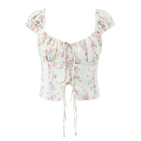 Age-reducing puff sleeve floral short-sleeved babydoll top - Thumbnail 1