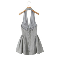 Hot diamond retro sexy deep V-neck slim backless halter dress - Thumbnail 1