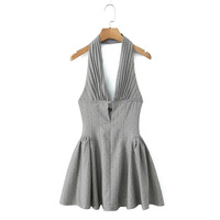 Hot diamond retro sexy deep V-neck slim backless halter dress - Thumbnail 2