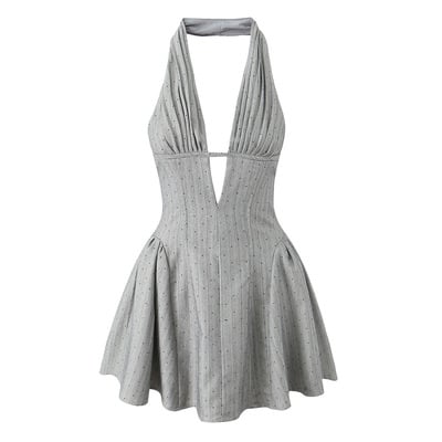 Hot diamond retro sexy deep v-neck slim backless halter dress