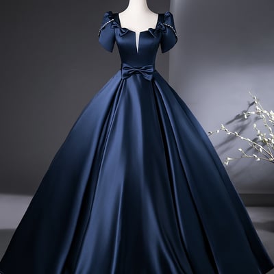 Blue satin long prom dress, elegant a-line party dress