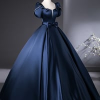 Blue Satin Long Prom Dress, Elegant A-Line Party Dress - Thumbnail 2