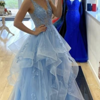 Charming V Neck Fluffy Blue Lace Long Prom Dresses - Thumbnail 1