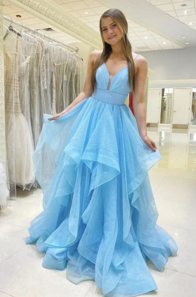 Straps Blue A Line Tulle Prom Dresses