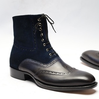 Crafted Leather Classic Dress Shoes Black Calf Dark Blue Suede Ankle High Wingtip Boot - Thumbnail 1