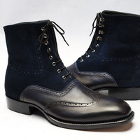 Crafted Leather Classic Dress Shoes Black Calf Dark Blue Suede Ankle High Wingtip Boot - Thumbnail 2