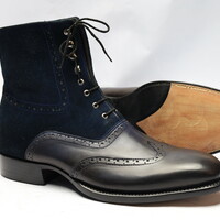 Crafted Leather Classic Dress Shoes Black Calf Dark Blue Suede Ankle High Wingtip Boot - Thumbnail 3