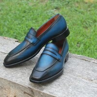 Crafted Leather New Handmade Men Blue Leather Moccasins Loafers Dress Shoes  - Thumbnail 1