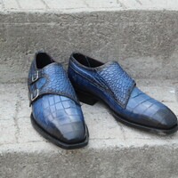 Crafted Leather Handcrafted Classic Blue Patina Leather Crocodile Texture Men Shoes - Thumbnail 3