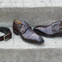 Crafted Leather Classic Handmade Dark Brown Crocodile Texture Leather Dress Shoes with Matching Belt - Thumbnail 1