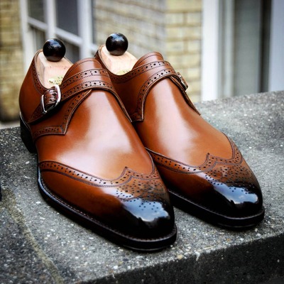 Handmade Men Brown Black Shaded Leather Monk Strap Dress Shoes