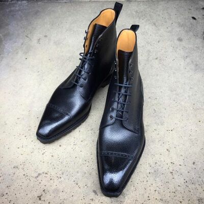 Handmade Men Black Patina Leather Ankle High Boot