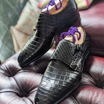 Handmade mens black crocodile leather monk strap dress formal shoes - Thumbnail 5