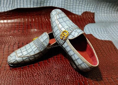 Crafted Leather Handmade Classic Blue Crocodile/Alligator Leather Dress Shoes