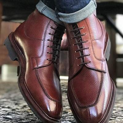 New handmade men burgundy grain leather ankle high boot - Thumbnail 5