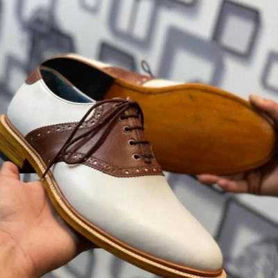 Crafted leather stunning brown white leather dress shoes - Thumbnail 5