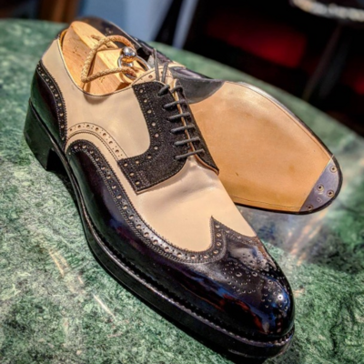 Handmade men black white leather lace up dress shoes