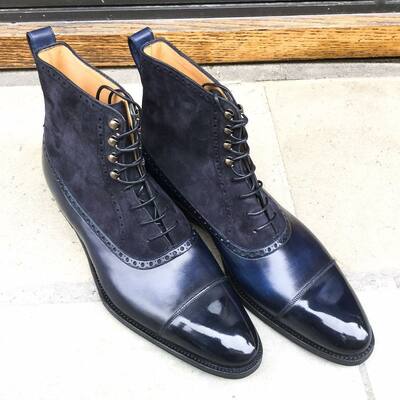 Handmade men  blue calf suede leather ankle high lace up boot - Thumbnail 4