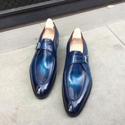 Handmade men blue  patina monk strap leather dress shoes - Thumbnail 5