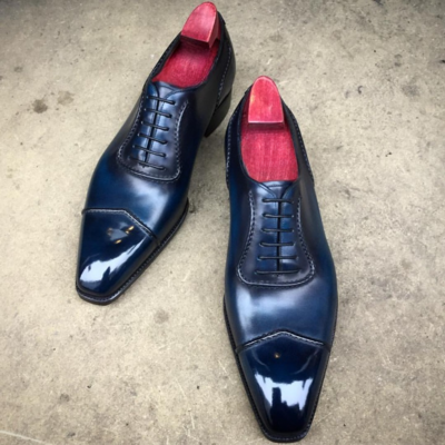 New handmade blue leather wingtip oxford lace up dress shoes - Thumbnail 5