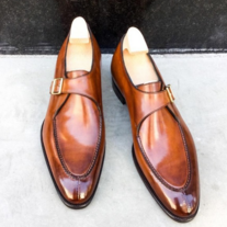 Handmade Mens Tan Leather Single Monk Strap Shoes