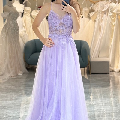  a line light purple prom dress long evening dress with appliques,pd231352