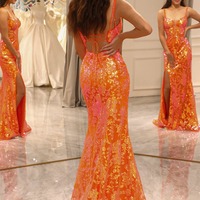 Mermaid Glitter Orange Long Corset Prom Dress With Slit,PD231353 - Thumbnail 1