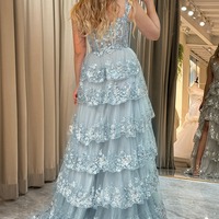  A Line Silver Prom Dress Tiered ，Long Evening Dress with Lace,PD231355 - Thumbnail 1