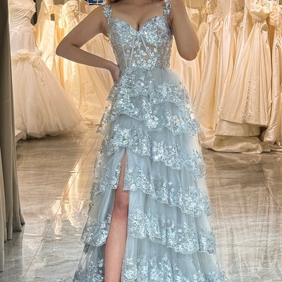  a line silver prom dress tiered ，long evening dress with lace,pd231355