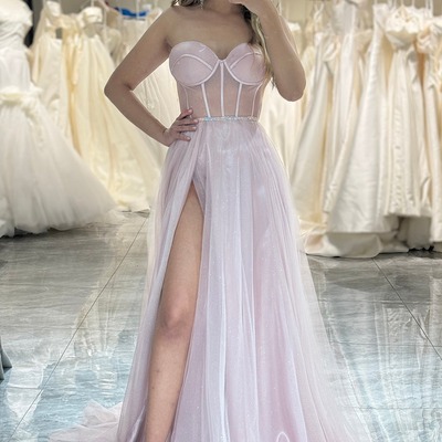 A line light pink prom dress ，long corset evening dress with slit,pd231356