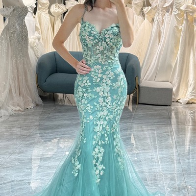 Mermaid backless light green prom dress ，long corset evening dress with appliques,pd231358