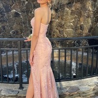 Pink Strapless Lace Prom Dress ，Long Evening Dress with Slit,PD231361 - Thumbnail 1