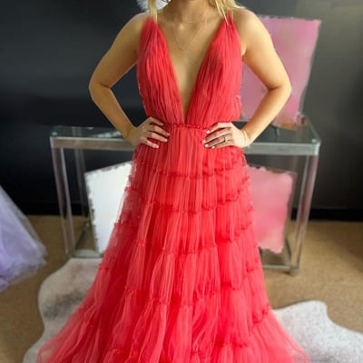  a line deep v neck backless long tulle red prom dress，evening dress,pd231362