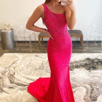 One shoulder mermaid hot pink prom dress，evening dress,pd231363