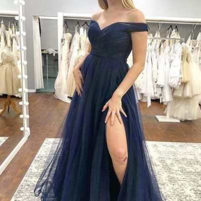 Simple navy blue off shoulder tulle prom dresses