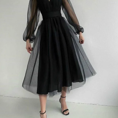 Simple a line tea length evening dresses with long sleeves