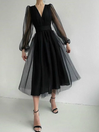 Simple A Line Tea Length Evening Dresses With Long Sleeves