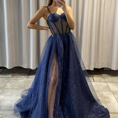Cute straps blue tulle long prom dresses graduation dresses