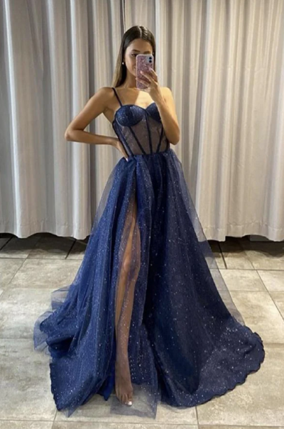 Cute Straps Blue Tulle Long Prom Dresses Graduation Dresses