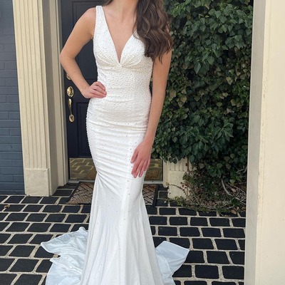 Mermaid deep v neck white prom dress，long evening dress with beading,pd231367