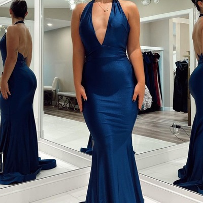 Backless dark blue mermaid evening dress，long prom dress,pd231368